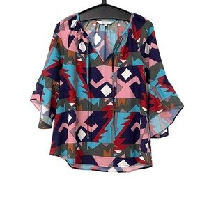 Crosby By Mollie Burch Multicolor Geometric Print Bell Sleeve Shirt Size Small